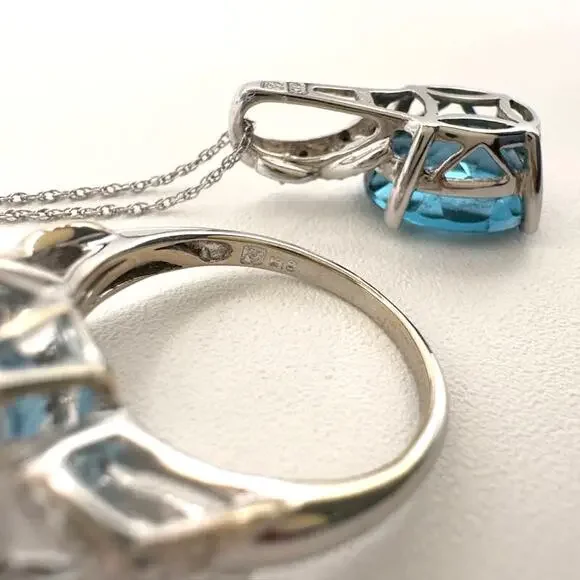 John C Rinker Blue Topaz 18K White Gold Pendant Necklace and Ring w Diamonds